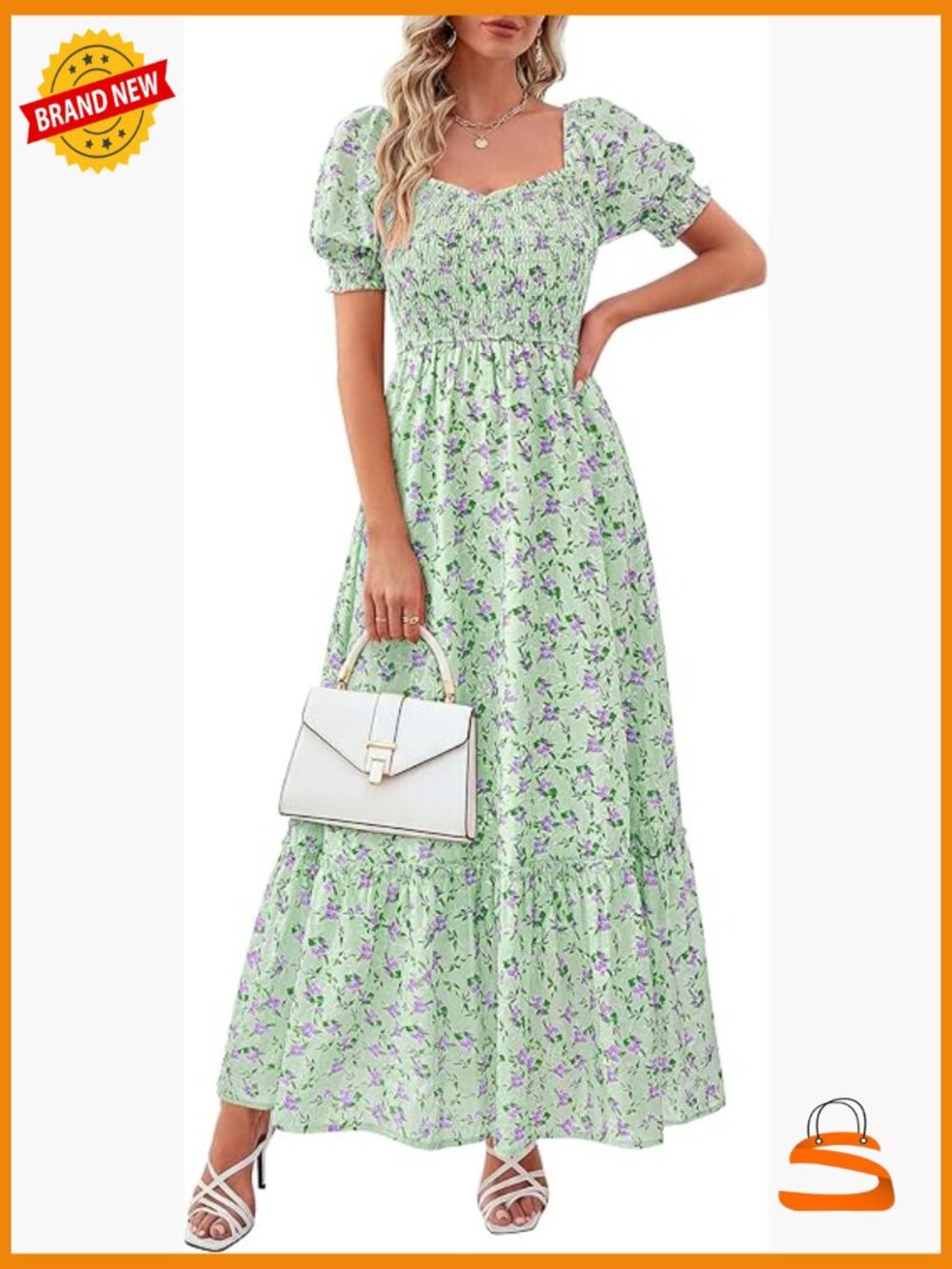 Boho Floral Maxi Dress Short Sleeve Smocked A-Line Flowy